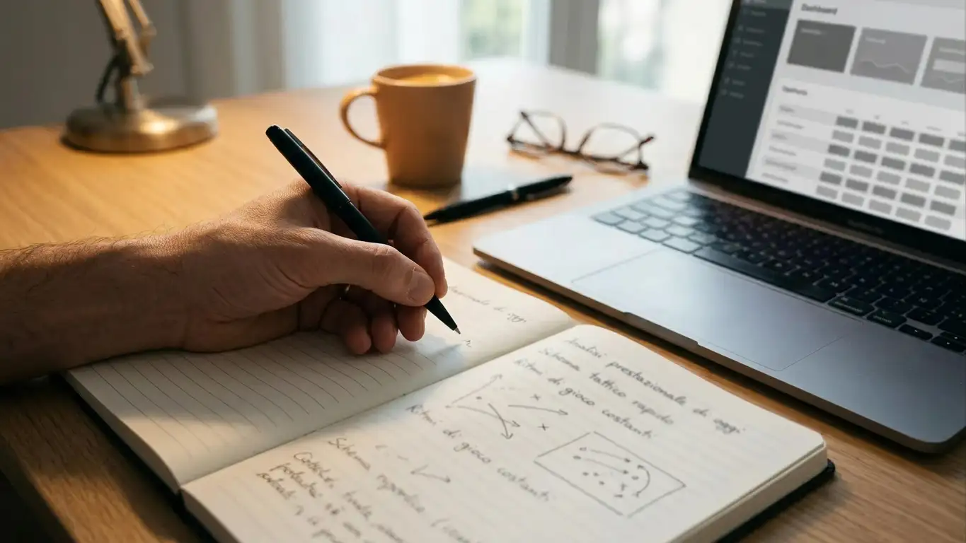 Analista studia statistiche del pugilato su taccuino vicino allo schermo del palinsesto