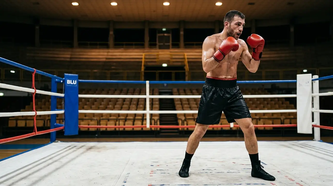 Pugile italiano sul ring durante un combattimento professionistico in palazzetto